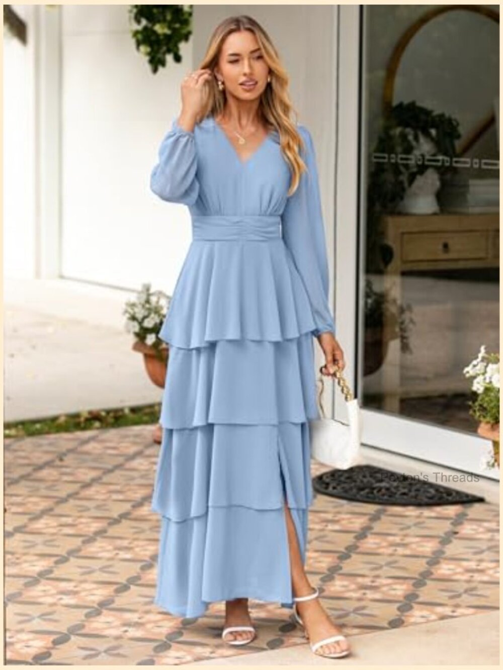 Flowy Maxi Dress Chiffon Long Sleeve Slit V Neck Ruffle Tiered Boho Fall - Picture 2 of 7